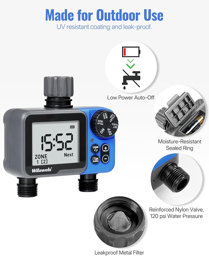 Water Timer for Garden Hose, 2 Zone Sprinkler Timer, Automatic Irrigation System/Rain Delay/Manual Watering, Programmable Watering for Lawn, Yard, Drip Irrigation C12WT06