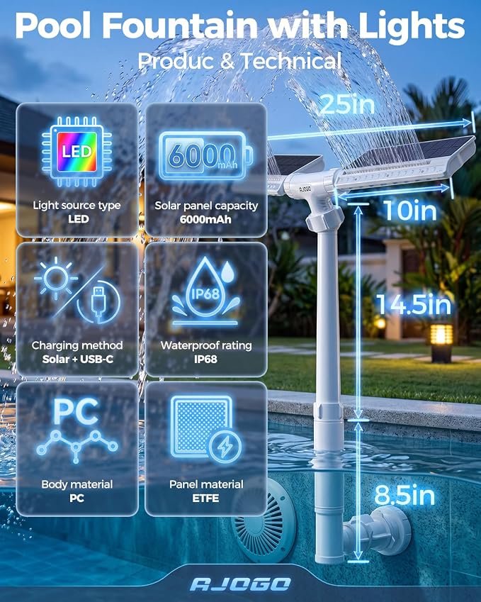 Solar Pool Fountain with Lights for Inground & Above Ground Pools — Dual-Powered Rechargeable, 10-Color Dynamic LED Waterfall, 15°F Cooling Aerator (White)