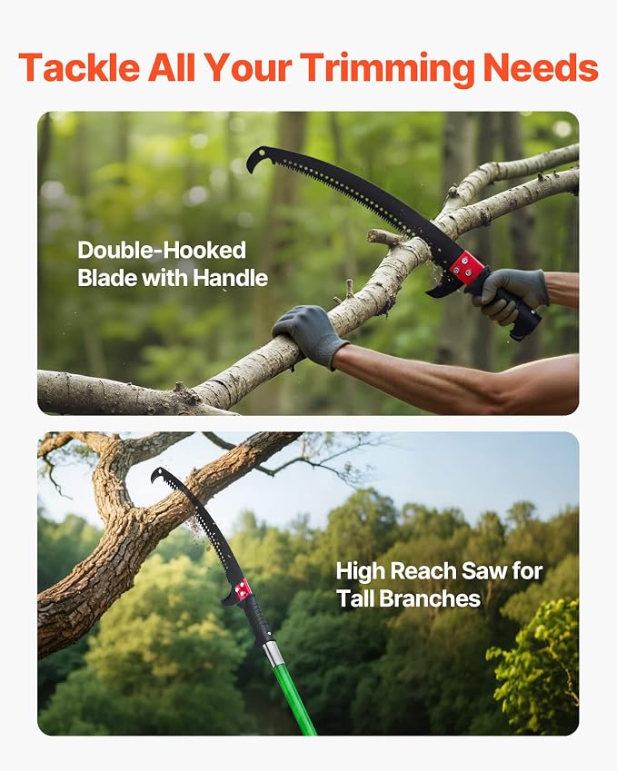 VEVOR Manual Pole Saw, 3.87-27 ft Extendable Pole Tree Pruner, Sharp 65Mn Steel Blade, Lightweight Fiberglass Handle Pole, Double-Hook Saw for High Branch Trimming, Pruning Tool for Palms, Shrubs