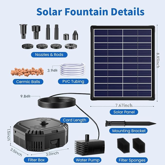 Antfraer 7W Solar Pond Filter with Battery Backup, Solar Pond Filter with Water Pump, Pond Pump with Shortage Protection For Small Pond Bird Bath Fish Ponds