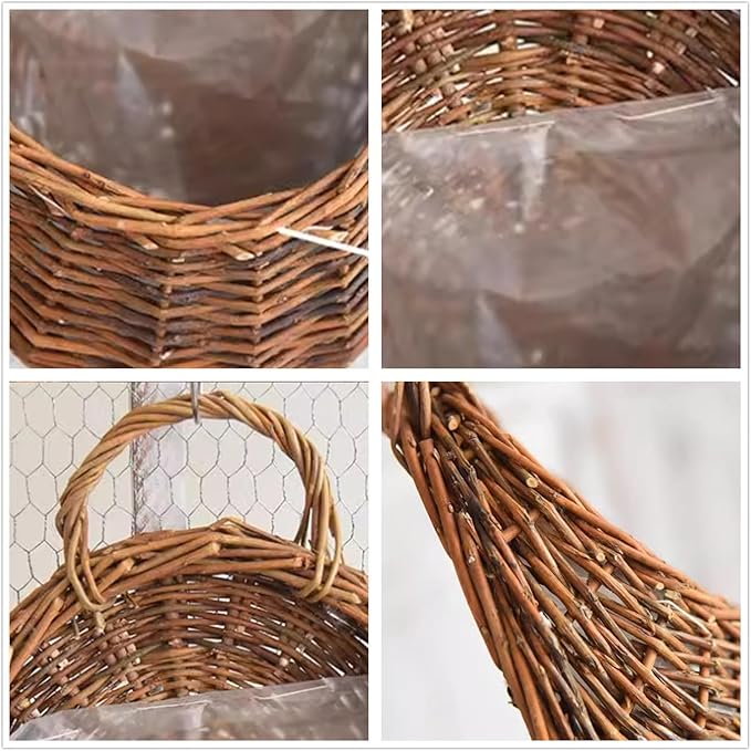 Wall Hanging Flower Basket, Handmade Wicker Hanging Basket for Plant Wall Mount Rattan Chlorophytum Comosum Hanging Basket for Front Door, Home, Garden. (L)