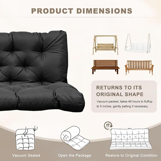 Porch Swing Cushion with Backrest,Waterproof Bench Cushion for Outdoor Furniture,2-3 Seater Replacement Thickened Swing Cushion with Ties,Patio,Outdoor,Backyard and Garden (Black,60x40)