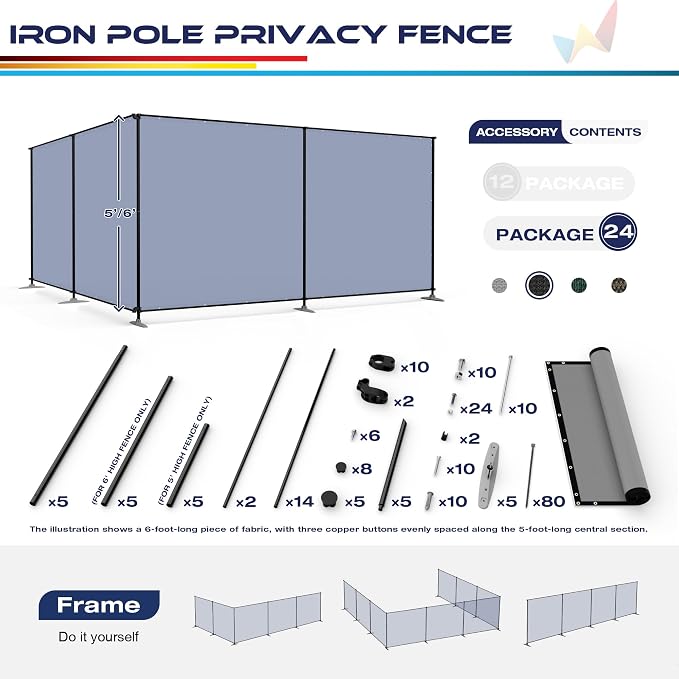 Windscreen4less Outdoor Privacy Fence Screen, 6'x64' Freestanding Privacy Fencing Set with Iron Poles and Ground Spikes, UV Resistant Mesh Cover Garden Pet Fencing for Backyard Patio Pool, Light Gray
