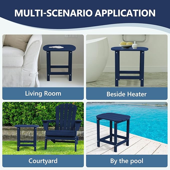 Plawdlik HDPE Outdoor Adirondack Side Table, Wooden Textured, Set for Patio, Garden, Porch, Pool Composite, Backyard, Bathroom and Indoor, Maintenance & Weather Resistant, Navy Blue