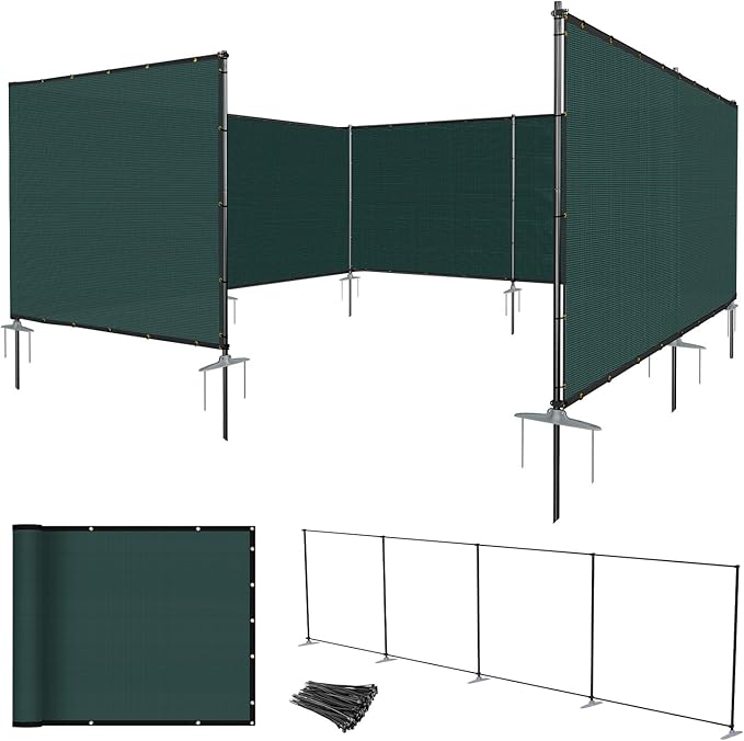 E&K 6'x125' Outdoor Privacy Screen Fence Panel Freestanding Backyard Patio Privacy Pool Fencing Temporary Garden Dog Fence with Iron Poles and Rails (Green)