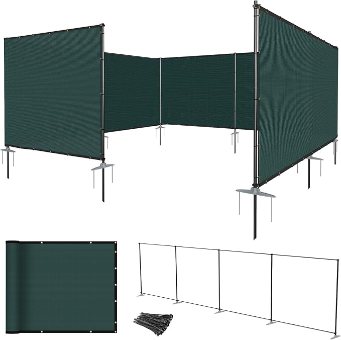 E&K 5'x149' Outdoor Privacy Screen Fence Panel Freestanding Backyard Patio Privacy Pool Fencing Temporary Garden Dog Fence with Iron Poles and Rails (Green)