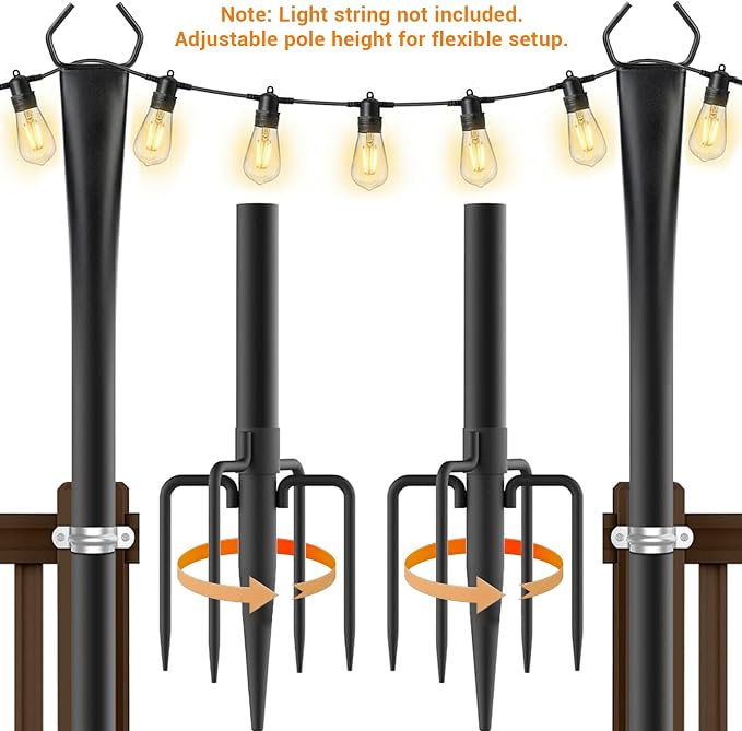10FT String Light Poles, Heavy Duty Outdoor Light Pole Stand, 5-Prong Reinforced Steel Base, Anti-Rust, for Patio Garden Deck, Support Bistro & Edison Bulb Lights (2 Pack)