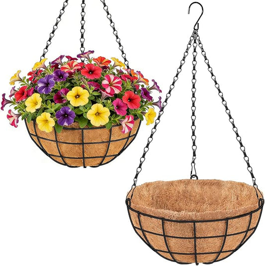 16 Inch Hanging Planters for Outdoor Plants,2 Pack Large Hanging Baskets for Plants Outdoor Metal Hanging Baskets with Thick Coco Coir Liners, Round Flower Pots for Porch Garden Ferns & Petunias