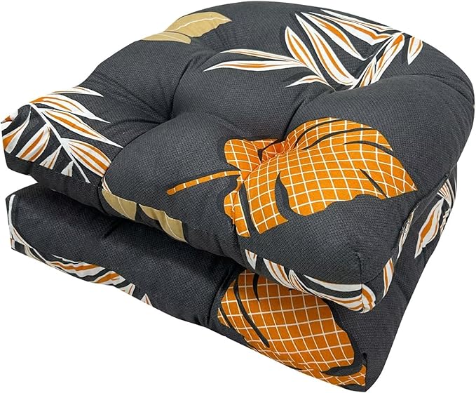 Floral Patio Chair Cushions with Ties Tufted Seat Cushion Pad Patio Furniture Cushions Indoor Outdoor Dining Chair Pads 19X19in Grey Orange,Set of 2