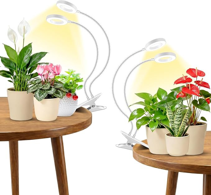 Plant Lights for Indoor Growing, 2 in 1 Halo Plant Light, 192 LEDs Full Spectrum LED Grow Lights with Clip,Plant Grow Light with 3 Light Modes,6/12/16Hrs Auto Time,5 Brightness. White 2 Pack