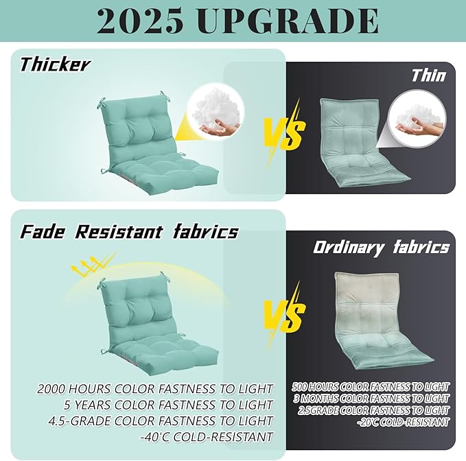 Marsui 4 Pcs Outdoor Indoor High Back Chair Cushions Patio Furniture Tufted Pillow with Ties Water-Resistant Replacement Outdoor Rocking Chair Cushions, 42 x 21 Inches (Light Green,Solid Color)