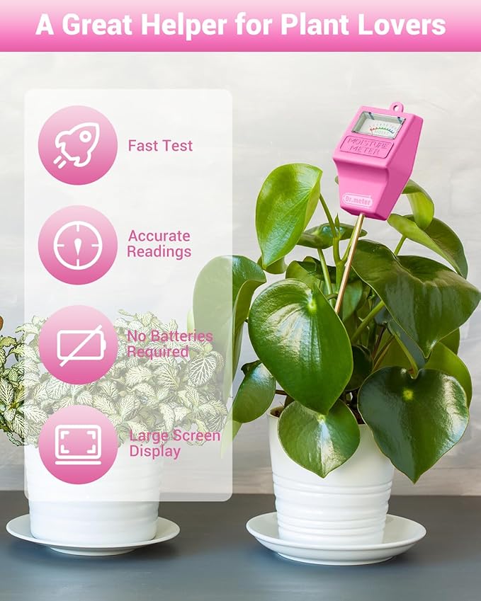 Dr.meter Soil Moisture Meter Tester for Plants, Hygrometer Moisture Sensor for Houseplants Indoor Outdoor Garden Lawn Use - Plant Water Meter Gauge Test Kit, No Battery Needed - Gardening Gifts, Pink