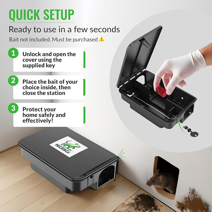 Mice&Co Professional Rat Bait Stations 4 Pack – Lockable Rodent Traps for Outside & Inside – Heavy Duty, Weather-Resistant Bait Boxes with Dual Entry – Tamper-Proof Design – Child & Pet Safe