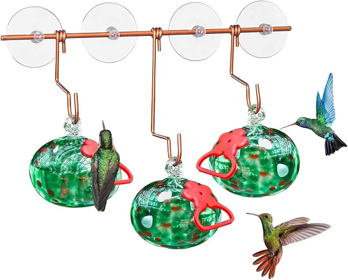 Pozfun Window Hummingbird Feeder with Suction Cups,Hand-Blown Glass Hummingbird Feeders for Outdoors Window Mounted with Metal Hook,Close Bird Watching,Finch in Garden,Yard(Green)