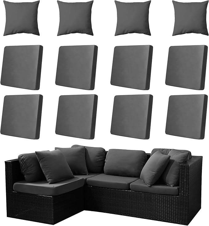 12-Piece Outdoor Cushion & Pillow Cover Set, 8 Seat Covers + 4 Pillow Covers, Stretch Patio Furniture Slipcovers for Sofa Sectional Chair