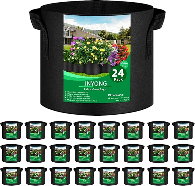 JNYONG 24-Pack 3 Gallon Thickened Non-Woven Grow Bags, Aeration Fabric Pots with Handles