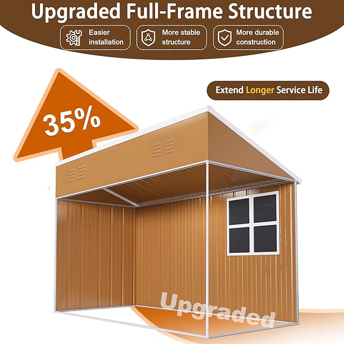 YOPTO 8x4 FT Outdoor Storage Shed,Metal Garden Lean to Shed W/Double Lockable Doors,Windows & 4 Air Vents,Weatherproof Shelter W/Sloped Roof,for Backyard,Lawn,Tool Organization,Brown