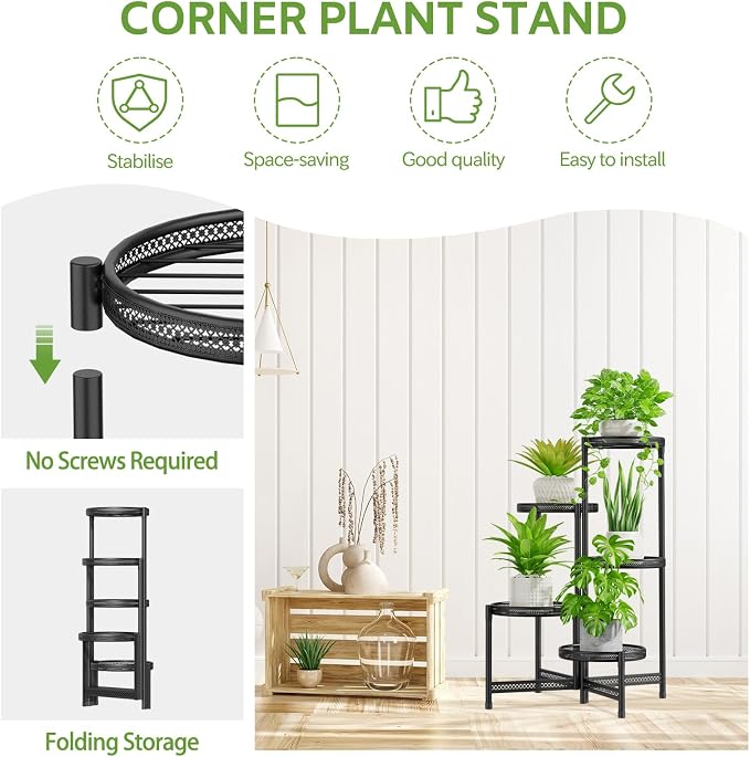 iDavosic.ly Metal Plant Stand for Indoor Outdoor Set of 2, 5 Tier Large Foldable Iron Carving Flower Pot Holder Shelf and 3 Layer Tall Vertical Display Rack for Patio Porch Living Room Garden, Black