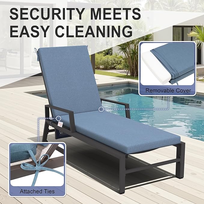 Crestlive Products Sunbrella Chaise Lounge Cushions Outdoor, Fade Resistant Water Resistant Lounge Chair Cushion, 72''L x 21''W, Denim Blue