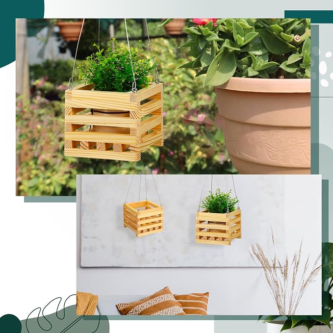 Briwooody 4 Pack Wooden Plant Hanger Set Including 6 Inch Strong Hanging Orchid Wooden Square Baskets and 24 Inch Wire Plant Hangers for Hanging Orchid Gardening Indoor Outdoor (Brown)