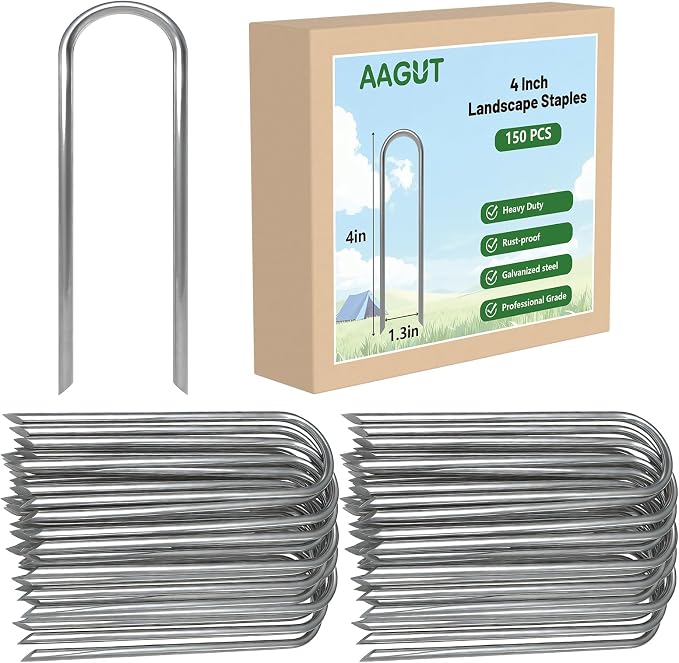 AAGUT 4 Inch Landscape Stakes 150 Pack Garden Drip Irrigation Tubing Stakes Heavy Duty 14 Gauge Galvanized Ground Staples Lawn U Hooks for Soaker Hose, Chicken Wire, Chain Link Fence, Dog Fence