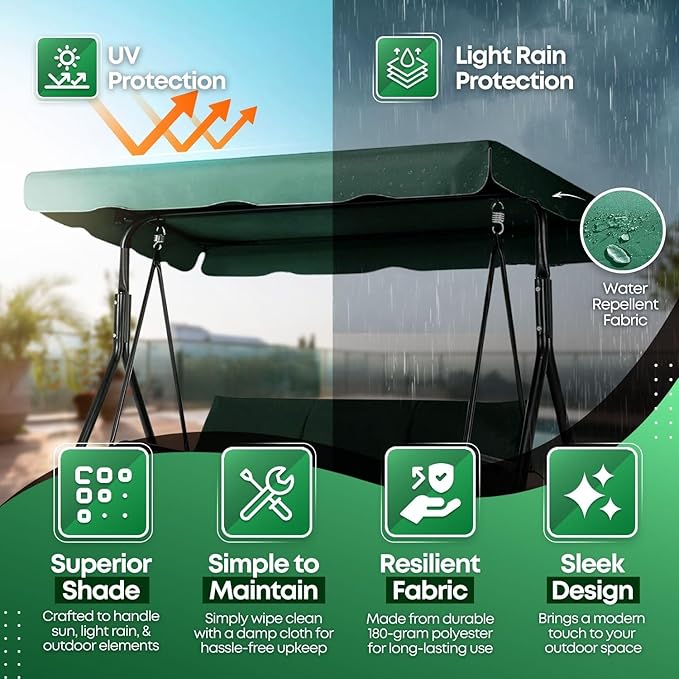 Flexzion Replacement Canopy for Outdoor Swing - 66" X 45" 2 Seat Bench Glider Swings Shade Fabric UV Weather Waterproof for Outdoor Garden Patio Yard Park Porch Seat Furniture, Green