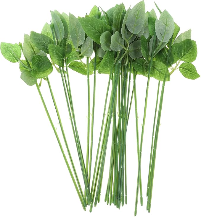 ULTNICE 60pcs Artificial Flower Stems with Leaves for Floral Arrangements, Wedding Bouquets, and DIY Crafts - Flexible Green Plastic Rose Stem