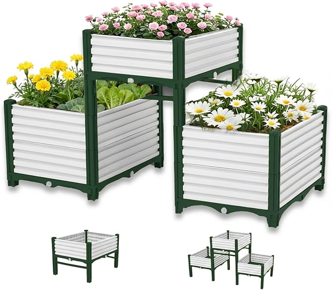 3PCS Raised Garden Beds Outdoor with Legs Planter Box, 47x20x21in Reinforced Support Rods, Drainage Grid, Multi-Combination Options for Vegetables, Flowers, Herbs, Ideal for Balcony, Patio Gardening