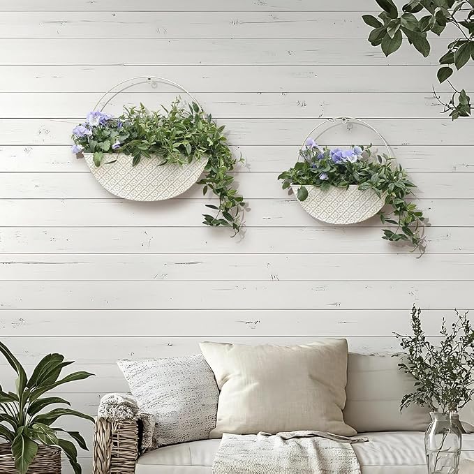 2-Piece Metal Planter Wall Hanging Baskets Decor Half-Moon Wall Mount Planter Set for Shabby Chic Farmhouse Outdoor Indoor Wall Decor