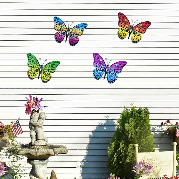 Metal Butterfly Wall Decor - 9.6" Outdoor Fence Wall Art Decor, Hanging Decoration for Garden Yard Living Room Bedroom Patio Balcony(4 Pack)