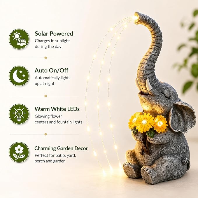 mocosa Solar Garden Statues Elephant and LED Lights Birthday Gifts for Women Mom Grandma Solar Outdoor Cat Decor for Outside,Outdoor Solar Lights for Yard, Garden and Patio, Unique Gift for Women