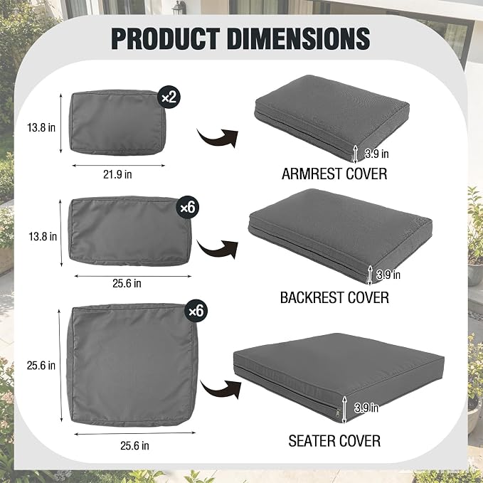 14Pieces Patio Cushion Covers Replacement Outdoor Water-Resistant Couch Covers Splashproof UV-Resistant Furniture Protectors Cushion Sofa Slipcovers Set with Zippers,Cover Only
