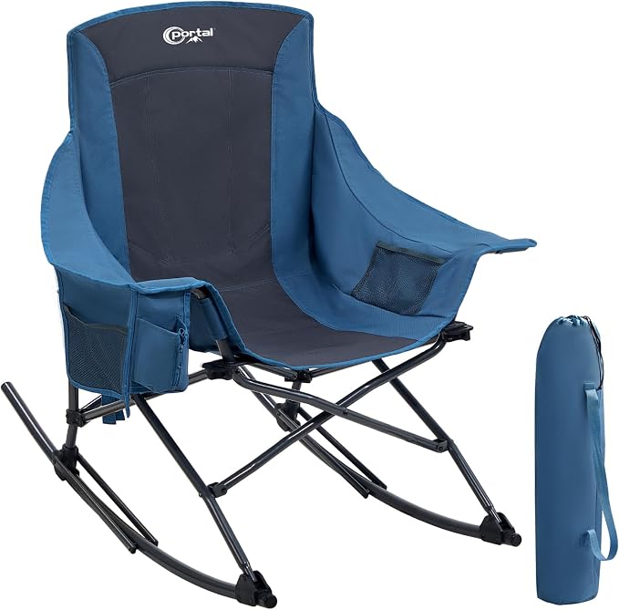 Portal Outdoor Rocking Chair Camping Folding Portable Rocker with Cup Holder Side Pocket Carry Bag, Support 350LBS, Blue