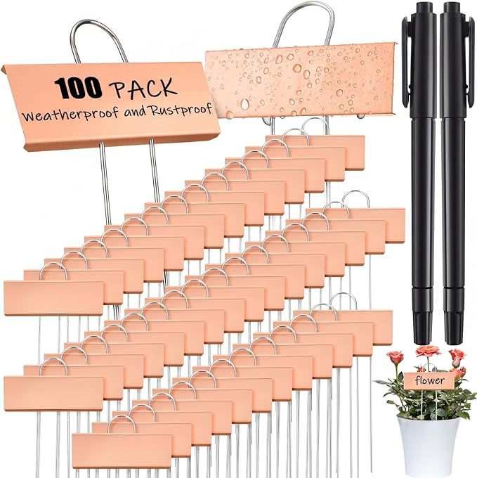 Maitys 104 Pcs Metal Garden Markers Plant Label Stakes Outdoor Weatherproof 10.6 Inch Stainless Steel Nursery Tags Bulk with Pens (Rose Gold Label with Black Ink)