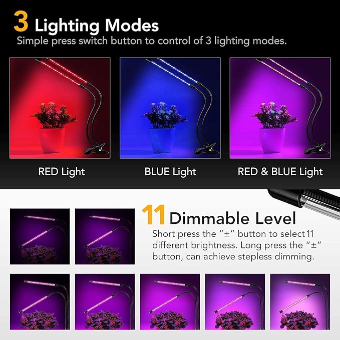 iPower LED Grow Light with Full Spectrum for Indoor Plants, Adjustable Gooseneck, 2/3 Light Modes&5/10 Dimmable Levels, 3 Auto Timing Modes, 2 Tubes, Red&Blue