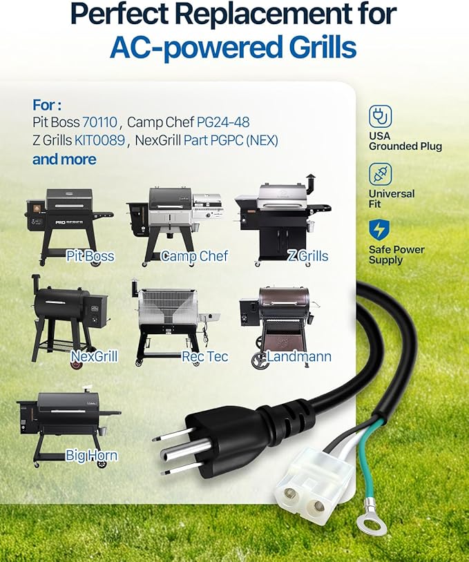 Power Cord Replacement for KIT0089/ELE203/70110/PG24-48/PGPC(NEX), Fit Pit Boss, Traeger, Nexgrill, Rec Tec, Camp Chef, Z-Grill, Coleman, Lonestar Chef, Cabelas, Big Horn, 6ft, 1 Pack