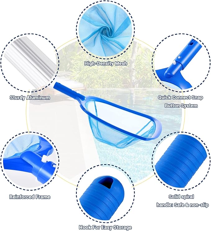 Pool Skimmer - Pool Net with 3 Section Pole, 48 inch Pool Skimmer Net with Pole Total Length, Pool Nets for Cleaning, Fine Mesh Net Pool Skimmer Net, Telescopic Aluminum Pole, Great Pool Accessories