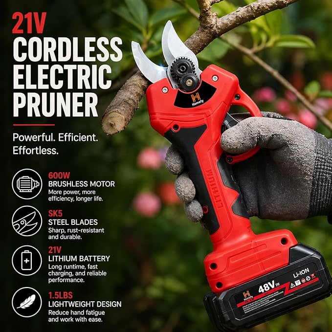 21V Cordless Electric Pruner, 1.6" Cutting Diameter, 600W Brushless Motor, SK5 Steel Blades, Battery & Charger Included, Lightweight Tree Trimmer for Garden, Orchard & Farm