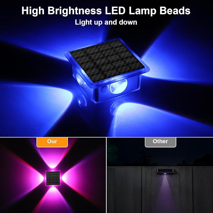 AUDLES Solar Lights Outdoor Waterproof, 4-Sided Glow Solar Wall Lights, Warm White & RGB 8 Modes Color Changing Solar Fence Lights for Doorway Patio Deck Backyard-8 Pack