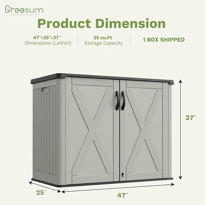 Greesum Outdoor Storage Cabinet, 25 CUFT Deck Box Without Shelves, Waterproof Plastic Storage Shed for Patio Cushions, Gardening Tools, Lockable and Sidehandles, UV Resistant, Beige