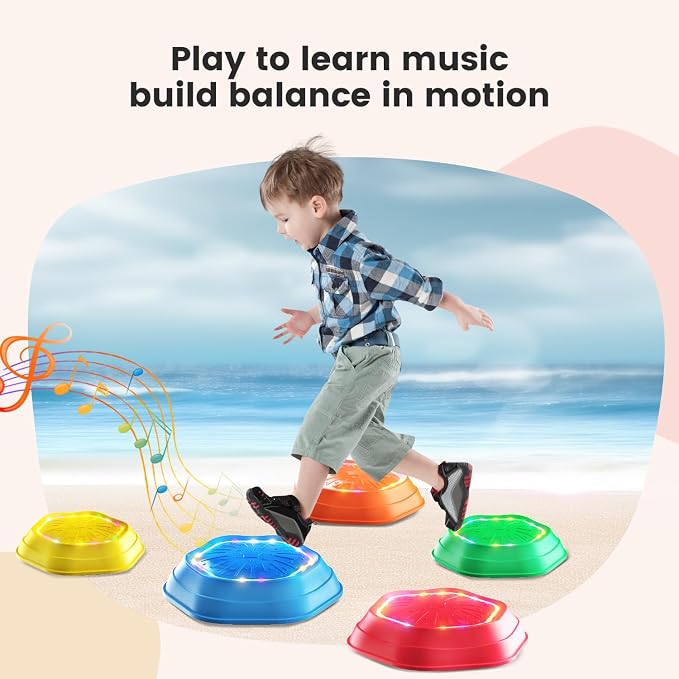 Holyton Light Up Musical Stepping Stones for Kids, 5 Pack Sensory Balance Stepping Stones with Rechargeable Batteries, Non-Slip Toddler Stepping Stones for Ages 3-8, Indoor Outdoor Active Play Toy, Red