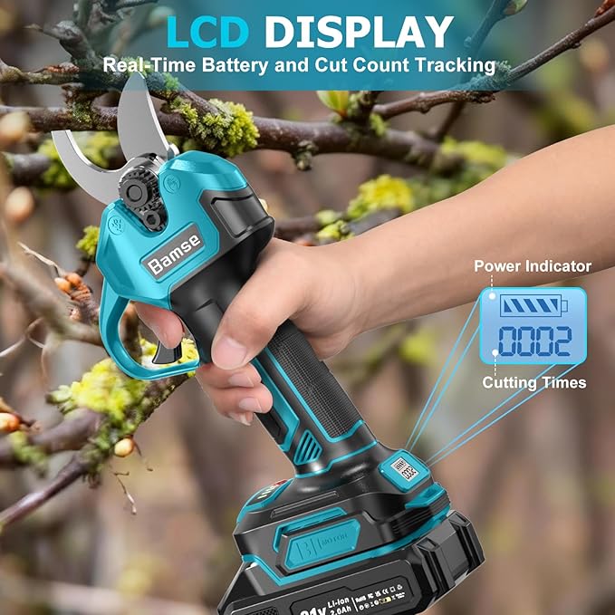Electric Pruning Shears Brushless, Bamse Cordless Pruner Shears with 2 Batteries 2.0Ah, LCD Display Electric Pruner, for Branch, Fruit Plucking and Tree Trimming