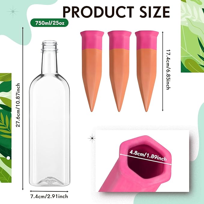 Ziliny 6 Sets Plant Watering Devices 6 Pcs Self Watering Spikes 6 Pcs 25 oz Plastic Bottles Slow Release Automatic Waterer Empty Liquor Bottles Terracotta Spikes for Vacation Plant (Pink)