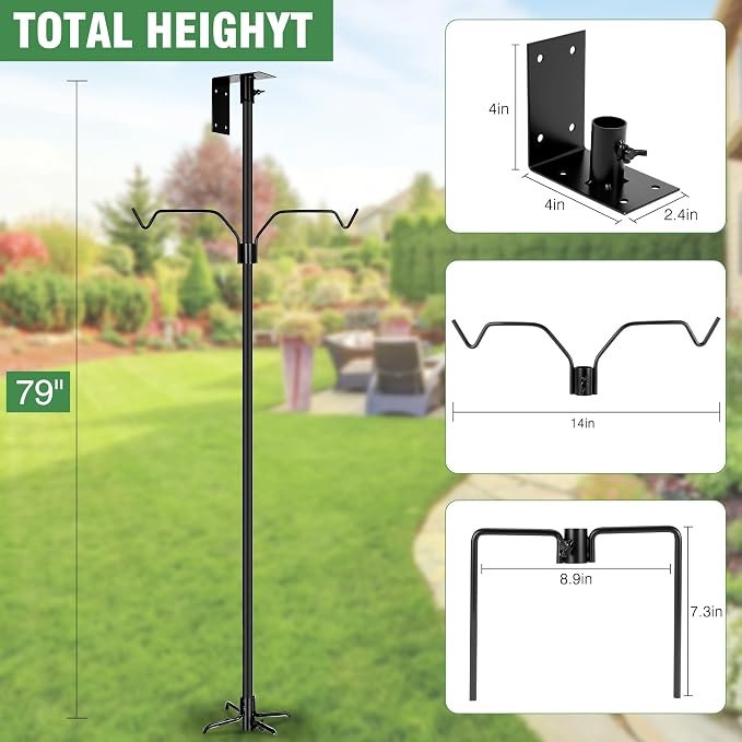YINGYM Bird Feeder Pole, 79 Inch Heavy Duty Bird House Pole Mount Kit for Outdoors, Adjustable Metal Bird Feeding Stand, with 2-Hooks, 5-Prong Base for Hanging Feeders, Black