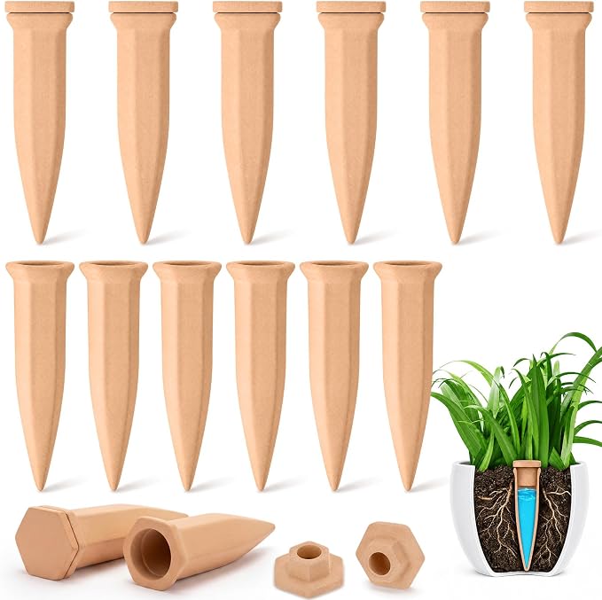 12 Pack Terracotta Watering Spikes with Lids Plant Watering Spikes Automatic Plant Waterer Devices Outdoor Indoor Vacation Friendly Slow Release Self Waterer Planter Insert(Small)