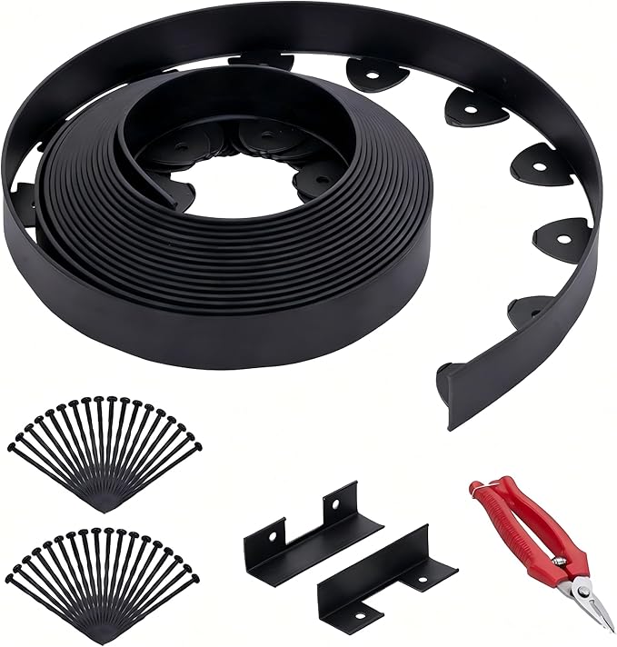 Landscape Edging, 40' 2" Tall Garden Edging with Scissors, Lawn Edging with 36 Garden Spikes and 2 Connectors, Heavy Duty PP&PE Material Edging for Landscaping, Garden, Lawn, Black