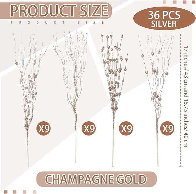 36 Pcs 17'' 15'' Christmas Artificial Glitter Berry Stems 4 Styles Xmas Decorative Tree Picks Branches Large Glittery Twigs for Christmas Tree Xmas Wreath Vase Filler(Champagne Gold)