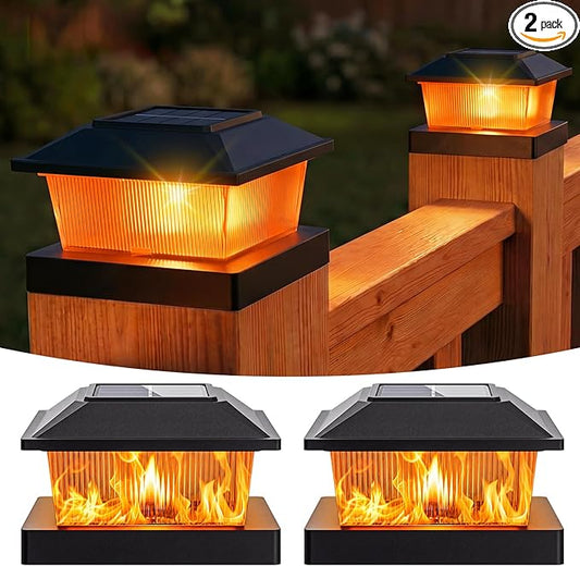 btfarm 4x4 Solar Flame Post Cap Lights Outdoor, 2 Pack Flickering Flame Deck Fence Post Lights, Waterproof Solar Powered Lighting Outside Fit 4x4 3.5x3.5 Wooden/Vinyl for Porch Patio Garden, Black Cap