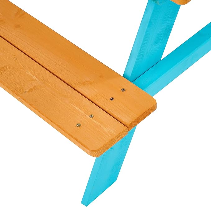 Teamson Kids - Wooden Outdoor Child Children Kids Picnic Table & Chair Bench Set - Brown/Aqua