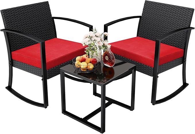 Greesum 3 Piece Outdoor Bistro Set, Imitation Rattan Conversation Set, Patio Furniture with Glass Top Coffee Table for Pool, Deck, Porch, Garden or Balcony, Bright Red